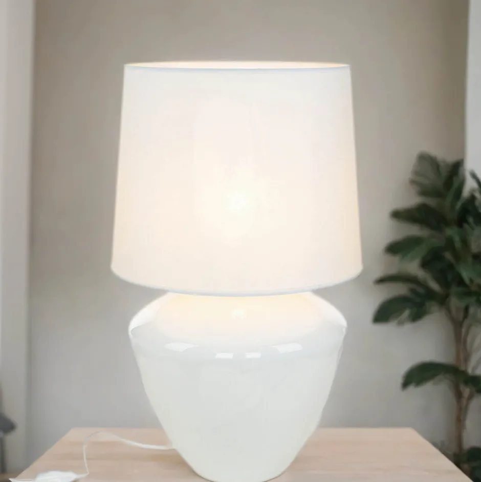 TK Lighting Tischlampe Weiß Silber groß 62 cm Stoff Glas E27< Nachttischlampen|Stofflampen