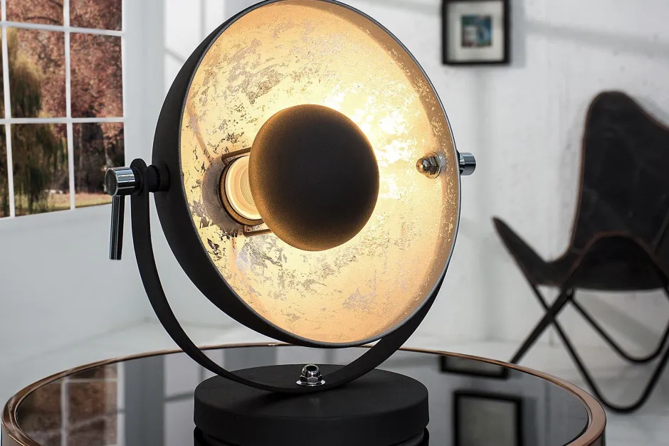 Invicta Interior Tischleuchte Ø30cm rund Retro Schwarz Silber< Nachttischlampen|Metall Lampen