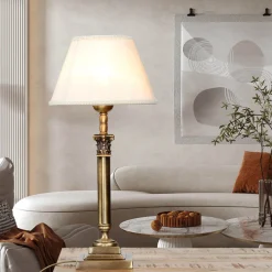 Giovanni Battista Tischleuchte echtes Messing Stoff Abat< Messinglampen|Stofflampen