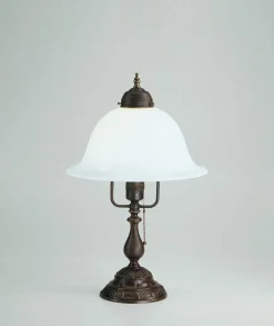 Berliner Messingleuchten Tischleuchte Glas Messing Zugschalter E27 45 cm Antik< Wohnzimmerlampen|Metall Lampen