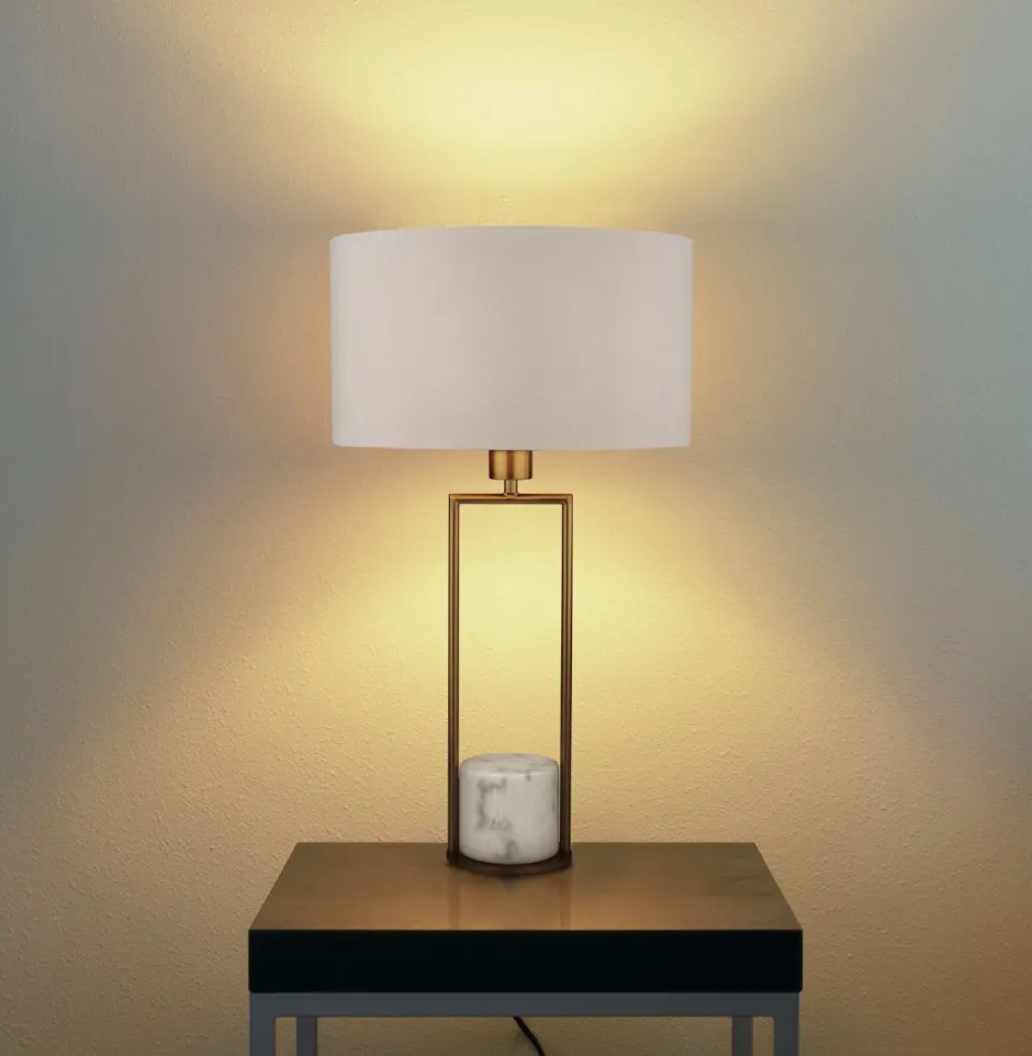Searchlight Tischleuchte Marmor Sockel H: 62 cm groß in Gold Weiß E27< Stofflampen|Schlafzimmer Lampen