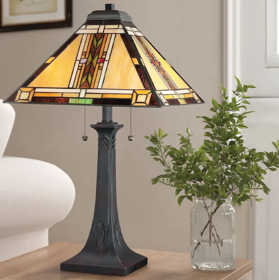 Elstead Tischleuchte Metall Glas 63,1 cm Tiffany Stil Zugschalter< Wohnzimmerlampen|Rustikale Lampen