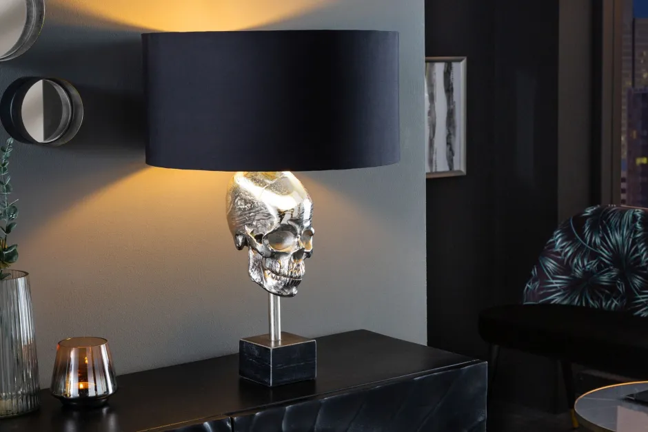 Wohnzimmerlampen|Stofflampen*Invicta Interior Tischleuchte Silber Schwarz Totenkopf E27 Metall Stoff