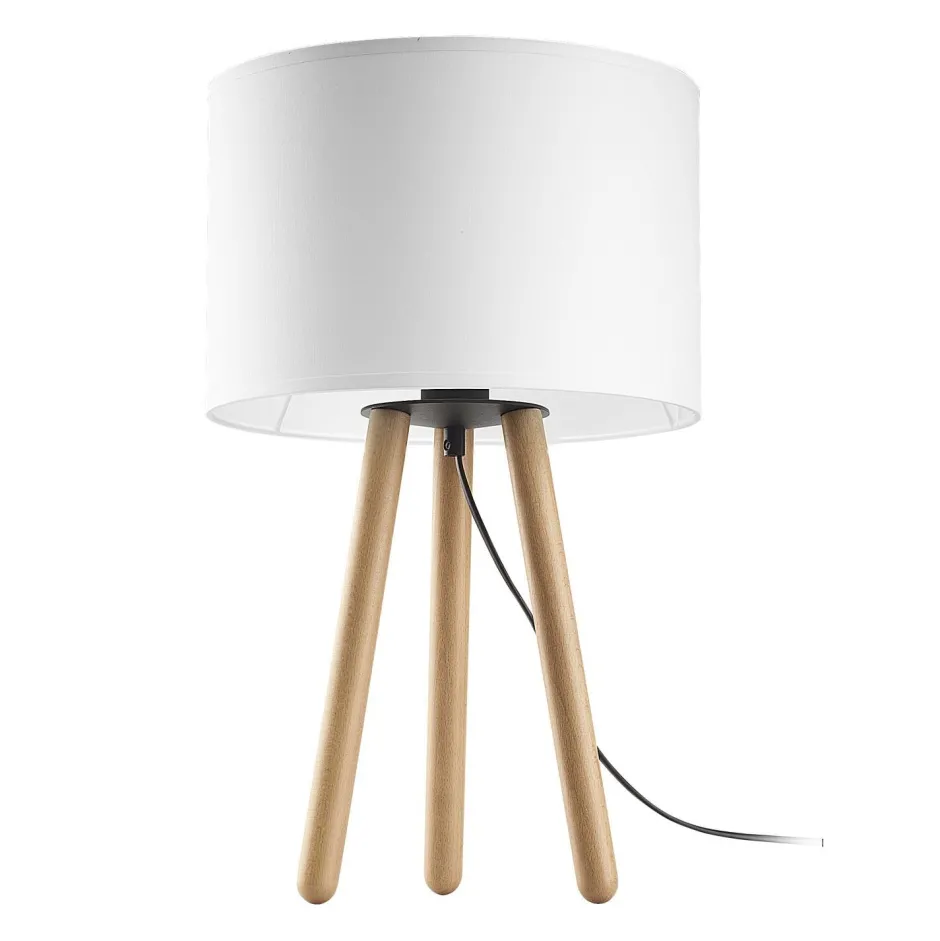 TK Lighting Tischleuchte Weiß Natur Dreibein Holz Stoff 46 cm< Tischlampen|Schlafzimmer Lampen