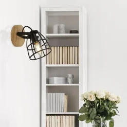 Bürolampen|Wohnzimmerlampen*Searchlight Verstellbarer Wandstrahler Holz Metall E14 Drahtschirm