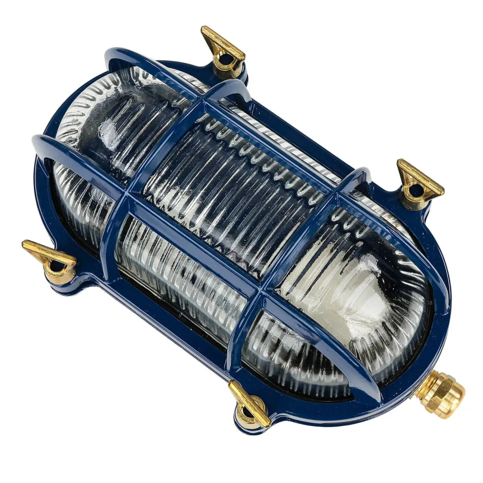Rustikale Lampen|Metall Lampen*Lido Wandlampe außen IP64 Messing Riffelglas E27 Blau Maritim
