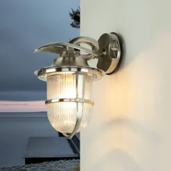Außenwandleuchten|Rustikale Lampen*Lido Wandlampe außen Riffelglas Messing in Nickel E27