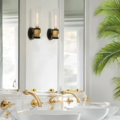 Wandleuchten|Flurlampen*Elstead Wandlampe Bad 34,6 cm hoch IP44 E27 Modern Metall Glas