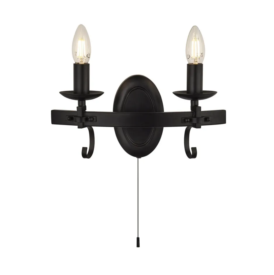 Rustikale Lampen|Wohnzimmerlampen*Searchlight Wandlampe Eisen mit Schalter 2-flammig Schwarz E14 B: 32 cm