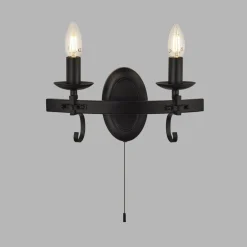Rustikale Lampen|Wohnzimmerlampen*Searchlight Wandlampe Eisen mit Schalter 2-flammig Schwarz E14 B: 32 cm