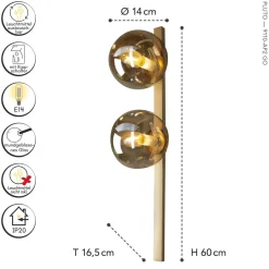 Eco-Light Wandlampe Gold Bernstein Glaskugel E14 H:60 cm 2-flmg< Wohnzimmerlampen|Glaslampen