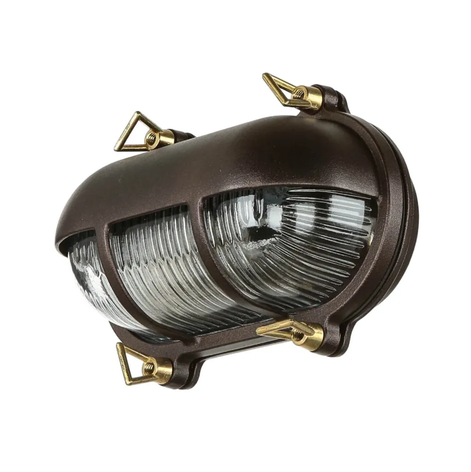 Rustikale Lampen|Metall Lampen*Lido Wandlampe Messing Riffelglas IP64 rostfrei E27 außen