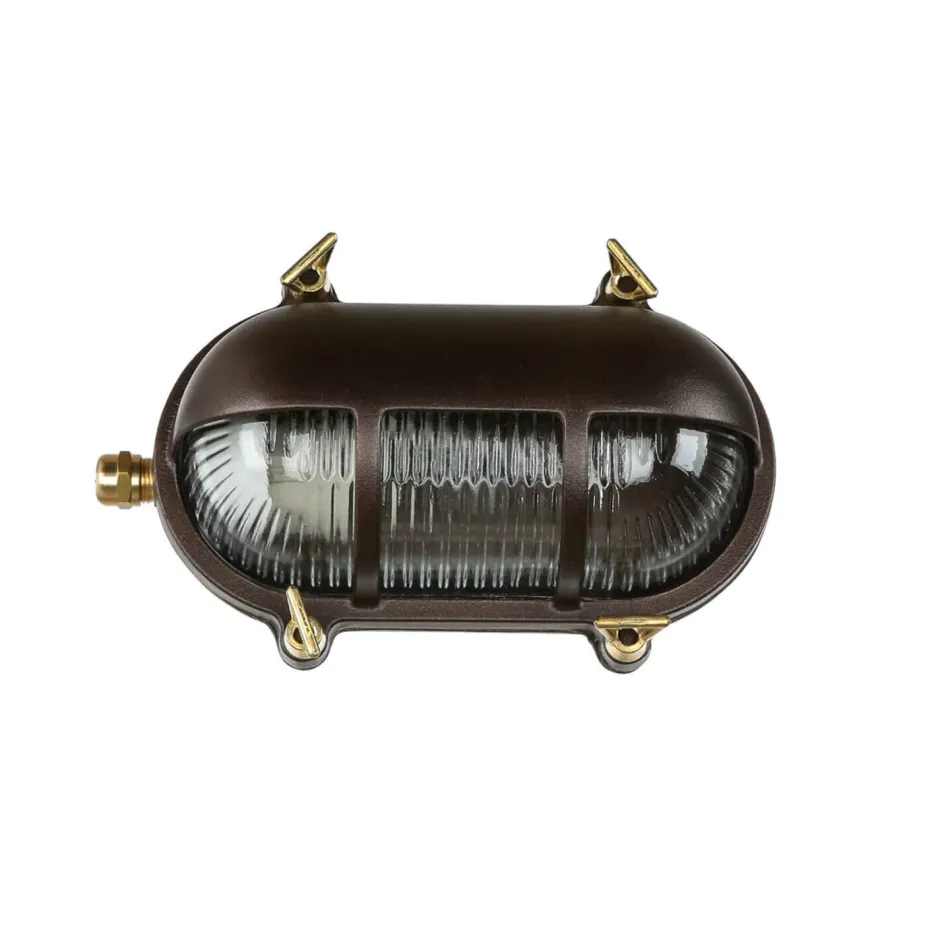 Rustikale Lampen|Metall Lampen*Lido Wandlampe Messing Riffelglas IP64 rostfrei E27 außen