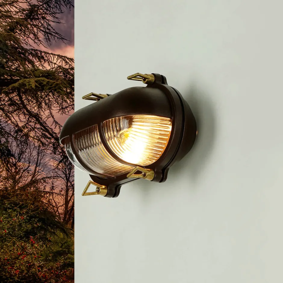 Rustikale Lampen|Metall Lampen*Lido Wandlampe Messing Riffelglas IP64 rostfrei E27 außen