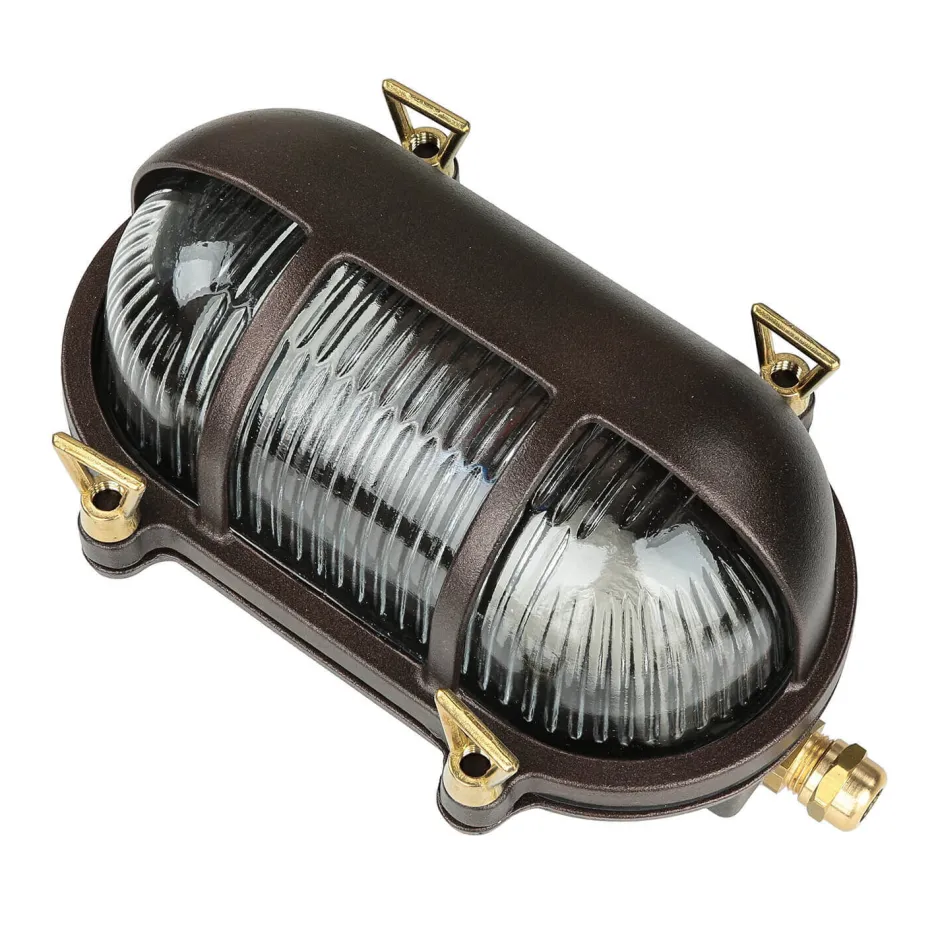 Rustikale Lampen|Metall Lampen*Lido Wandlampe Messing Riffelglas IP64 rostfrei E27 außen