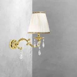 Wandleuchten|Schlafzimmer Lampen*Giovanni Battista Wandlampe Messing Stoff Kristall H: 34,5 cm poliert Weiß E14