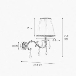 Wandleuchten|Schlafzimmer Lampen*Giovanni Battista Wandlampe Messing Stoff Kristall H: 34,5 cm poliert Weiß E14