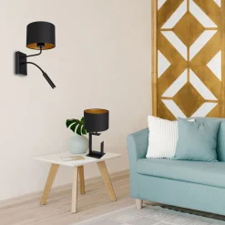 Wandleuchten|Schlafzimmer Lampen*Luminex Wandlampe Schwarz Gold Stoff Lesearm E27 G9 wohnlich