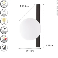 Wohnzimmerlampen|Glaslampen*Eco-Light Wandlampe Schwarz Weiß Glaskugel E14 B:14 cm blendarm
