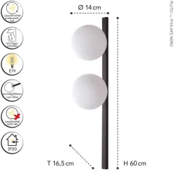 Eco-Light Wandlampe Schwarz Weiß Glaskugel E14 H:60 cm 2-flammig< Wohnzimmerlampen|Glaslampen