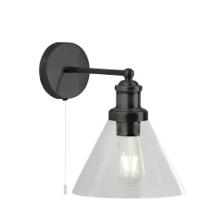 Wohnzimmerlampen|Glaslampen*Searchlight Wandleuchte E27 Schwarz Klar mit Schalter Vintage
