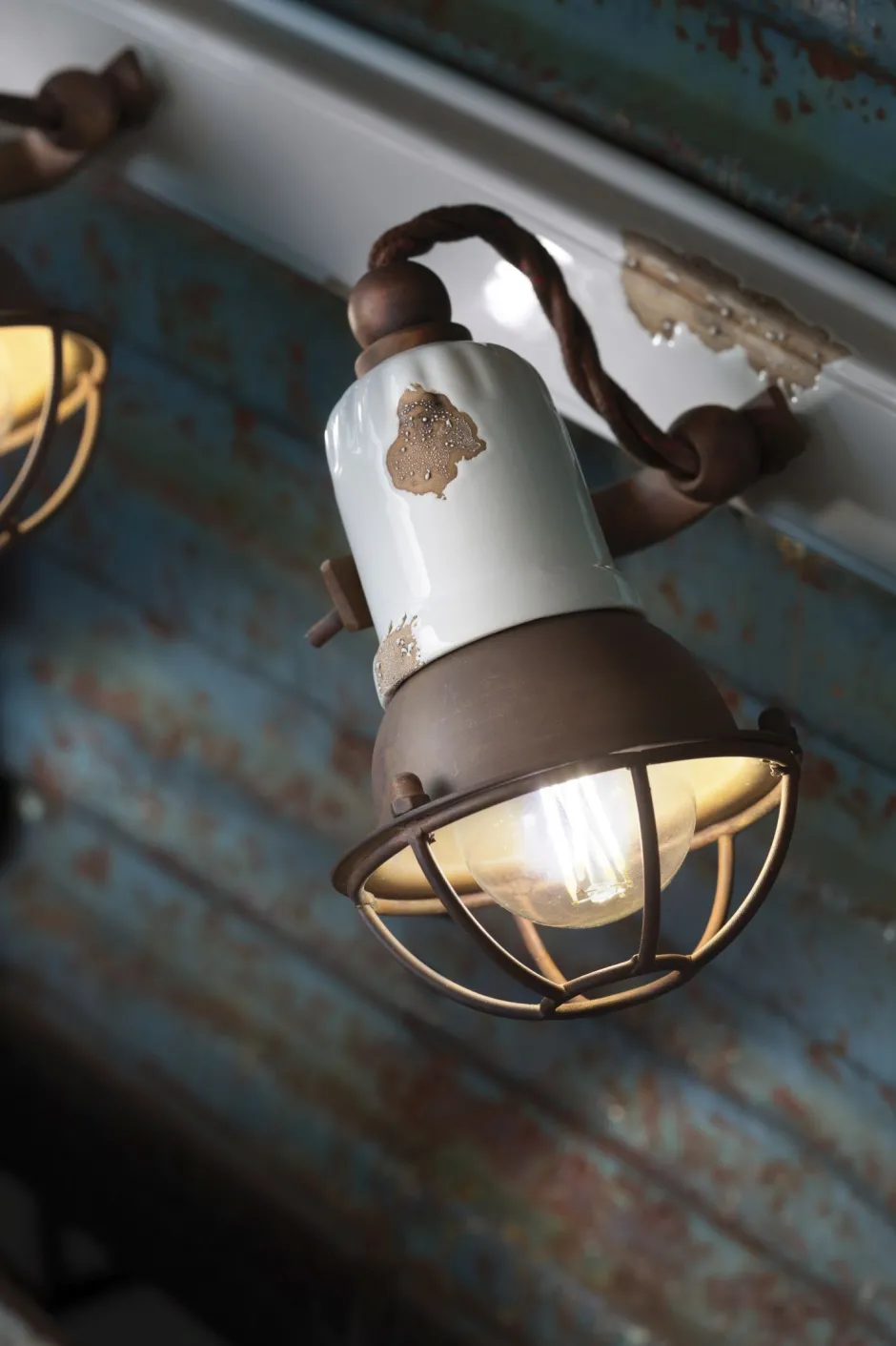 Wohnzimmerlampen|Keramiklampen*Ferroluce Wandleuchte 2-flammig Weiß Braun Keramik Metall