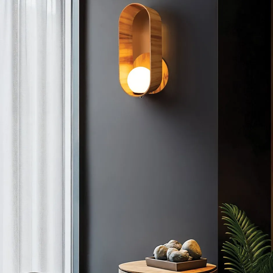 Elstead Wandleuchte Glas Teakholz Furnier E27 H: 52,5 cm blendarm< Flurlampen|Wohnzimmerlampen