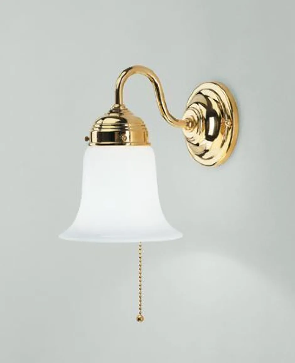 Berliner Messingleuchten Wandleuchte mit Zugschalter Messing poliert Glas E27< Wohnzimmerlampen|Metall Lampen