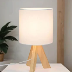 Nachttischlampen|Stofflampen*Easylight Weiße Tischleuchte Holz Fuß Stoff Schirm 31cm E14